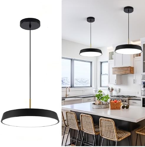 Modern Black Pendant Light Fixtures,16inch LED Industrial Kitchen Island Hanging Lighting,3 Color Temperature Chandelier Metal Ceiling Light for Bar,Dining Room,Bedroom,Living Room