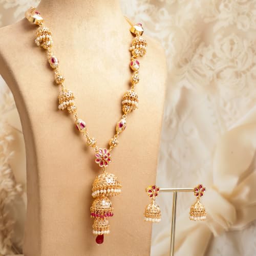 Image of Rubans Gold Plated Traditional Necklace Set with Jhumka for Women