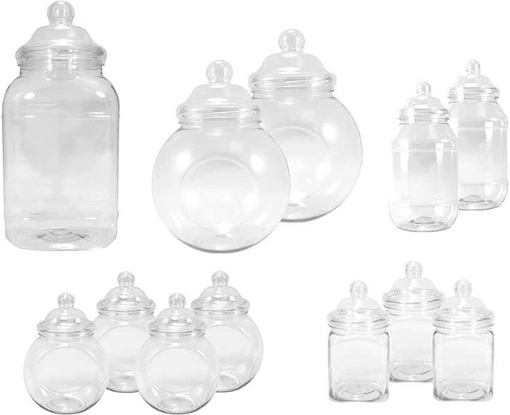 Britten & James Plastic jar party pack. 12 assorted clear plastic jars with decorative Victorian style screw top lids Food grade PET plastic - perfect for wedding tables and sweets