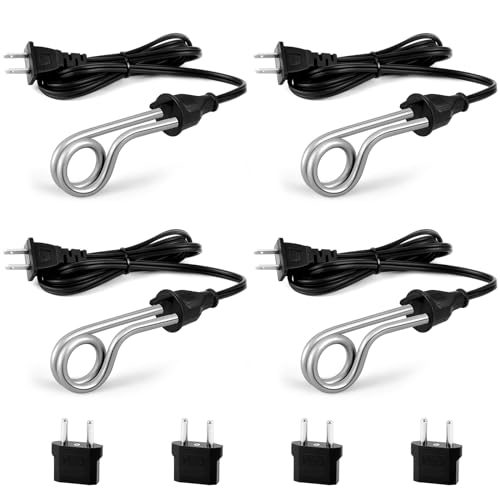 Copkim 4 Pack Small Portable Immersion Water Heater 300W 120/240V Electric Camping Accessories Dual Voltage Immersion Heating Rod Travel Water Boiler with 4 Travel Adapter for Coffee Tea(Black)