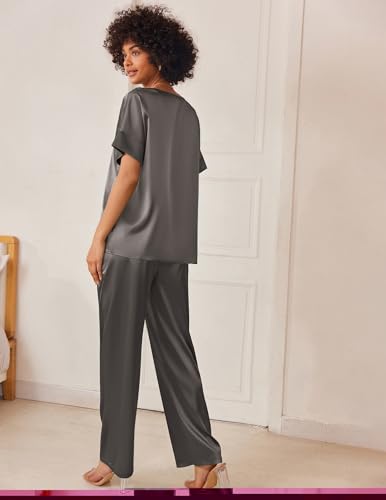 Image of Ekouaer Mens Satin Pajamas Set Button-Down Short /Long Sleeve Shirt Top Soft Silk Sleepwear Loose Pocket Pant Loungewear