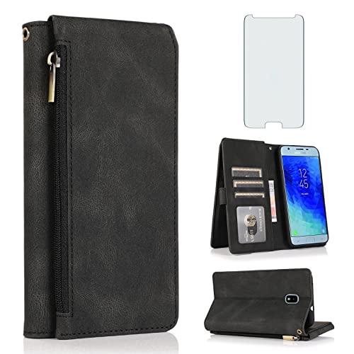 Compatible with Samsung Galaxy J3 Orbit J 3 Star 2018 3J Achieve Wallet Case Tempered Glass Screen Protector Zipper Leather Flip Cover Card Holder for J3V V 3rd Gen SM J337A J337V J337 Women Men Black