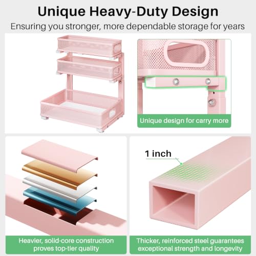 Image of Kitstorack Under Sink Organizer, 2-Pack 3-Tier Height Adjustable Thickened Metal Pull out Cabinet Organizer Shelf, Slide out Storage Drawer Rack for Bathroom Kitchen Pantry Home Organization, Pink