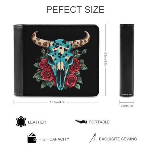 Rose Bull Skull Bifold Wallet for Men Women PU Leather Slim Purse Pocket Wallet with Card Holder2