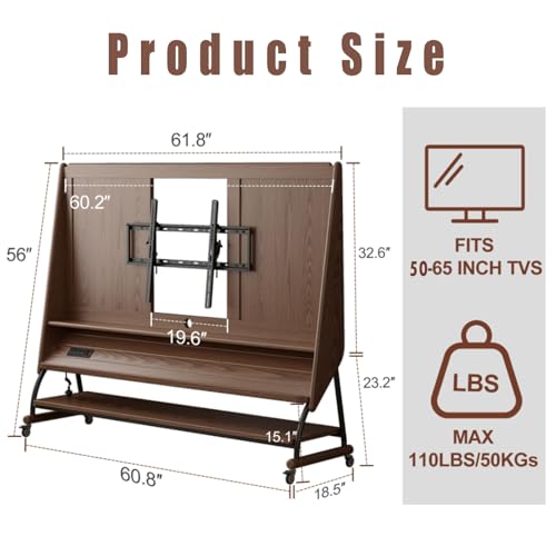 Image of Soild Wood Rolling Tv Stand with Wheels 40-65 Inch,media console Tv Cart, Monitor Floor Mount Stand entertainment center, Mobile Bedroom Wood 3 tier open Storage Stand with Outlet and Shelves