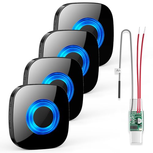 PHYSEN Señal inalámbrica, 4 receptores y convertidores inalámbricos para sistemas de llamadas (3-24 V AC/DC), timbre fuerte de 110 dB, 58 melodías, fácil instalación, luz intermitente, ideal para