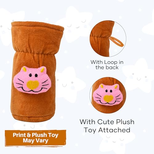 Image of Soft Plush Stretchable Baby Feeding Bottle Cover Easy to Hold Strap with Cute Animated Cartoon| Suitable for 60-125 Ml Feeding Bottle (Brown-Peach)