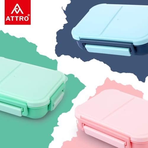 Image of ATTRO Gourmet 2 Compartment Lunch Box Portable Meal Organizer for Office, School BPA-Free, Food Grade, Freezersafe, Microwave & Oven Safe 1200ml Mint Green, Plastic