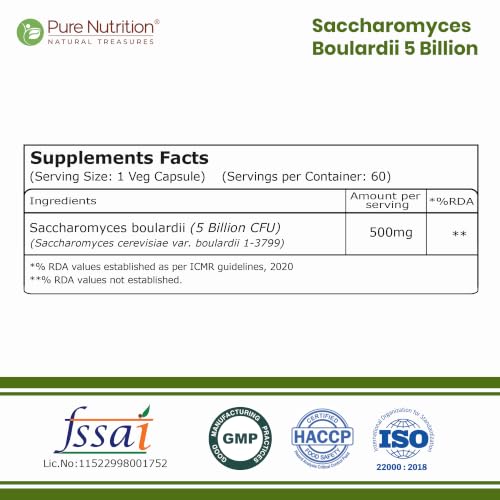 Image of Pure Nutrition Saccharomyces Boulardii 5 Billion CFU 500mg | Saccharomyces Boulardii Probiotic Supplement | Supports Gut Health, Digestive Balance, Gut Flora & Immune Health | 60 Veg Capsules