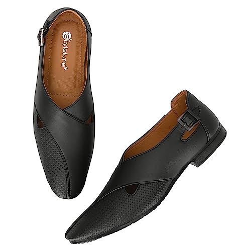 Image of Stylelure Ethnic Premium Leather Black Formal Peshawari Sandals|Summer|Trendy Slip-On Outdoors for Men (Black)