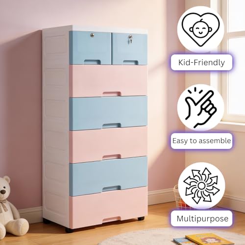 Image of The Tickle Toe Plastic Chest of 7 Drawers for Kids | Multipurpose Organizer with 2 Locks | Portable Wardrobe Cabinet for Clothes & Toys | Glossy Finish | 51L x 33W x 121H cm | 4 Blue & 3 Pink
