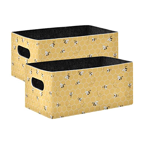 Image of Emelivor Yellow Bees Honey Storage Basket Bins Set (2pcs) Felt Collapsible Storage Bins with Fabric Rectangle Baskets for Organizing for Office Bedroom Closet Babies Nursery