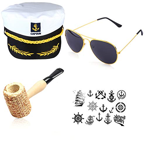Beelittle Yacht Kapitän Hut Kostüm Zubehör Set einstellbar Boot Sailor Schiff Skipper Cap Aviator Sonnenbrille Tabakpfeife mit Anker Design-Zubehör (D) Cover