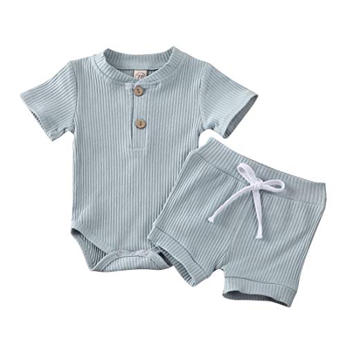 Newborn Baby Boy Girl Outfits Infant Ribbed Romper Bodysuit Tops + Shorts Pants 2PCS Toddler Girl Summer Clothes Set (Blue, 12-18 Months)