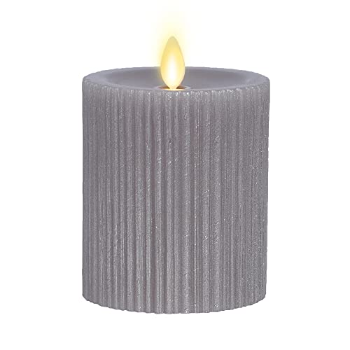Image of Luminara Metallic Embossed Pillar, Grey Flameless LED Candle 3.25 inch x 4.5 inch, Battery Operated Real Flame Technology w /Timer Function, Paraffin Wax