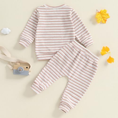 Toddler Baby Girl Boy Clothes Infant Waffled Stripe Long Sleeve Round Neck Sweatshirt Long Pants Set Fall Outfit2