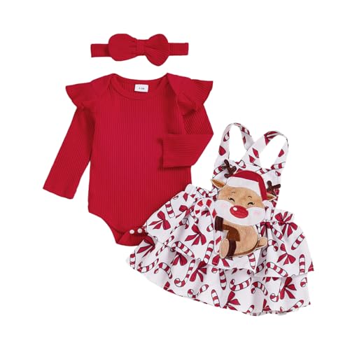 Cute Infant Newborn Baby Girl Christmas Outfit Long Sleeve Ribbed Romper Santa Bow Layered Suspender Skirt Set 3Pcs