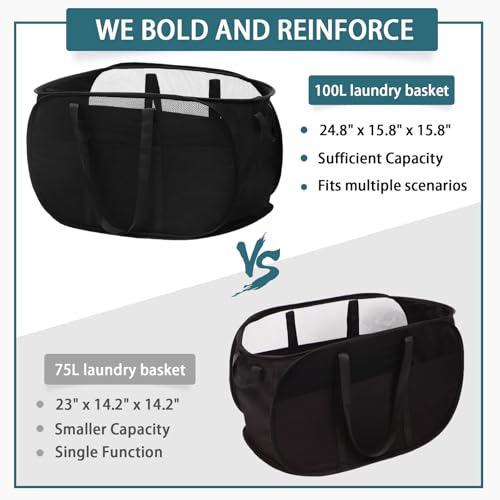 Image of 100L Collapsible Laundry Baskets, Tear Proof Pop Up Laundry Hamper with Dual Handles, Large Foldable Laundry Basket, Easy to Carry Laundry Hamper for Home, Laundry Room, Bedroom, Dorm, Travel Black