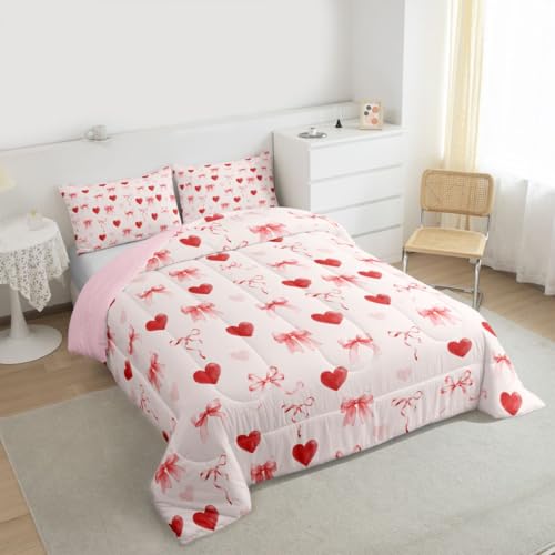 Image of Erosebridal Coquette Bow Full Comforter Set Love Heart Bedding Set for Kids Girls Ribbons Pink Valentine Bed Set Bowknot Bow Tie Princess Quilt Duvet