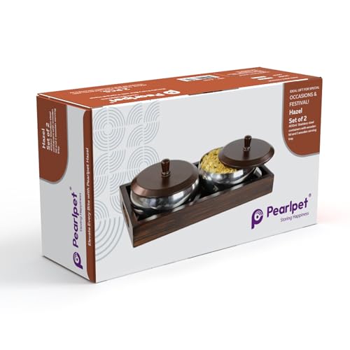 Image of PEARLPET Hazel Stainless Steel 2 Bowls Set(500ml) with Wooden Serving Tray & 2 Wooden Finish Lids, Gift Set, Dryfruit Jar, Brown Color