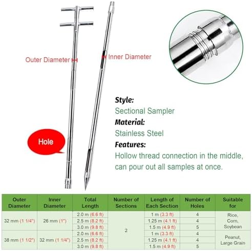 Handheld Grain Sampling Pole, Sectional Design Probe for Agriculture, 2m/2.5m/3m Lengths, Powder & Solid Sample Tube, Ideal for Garden & Farm Use (Dia 38mm / 1.5")