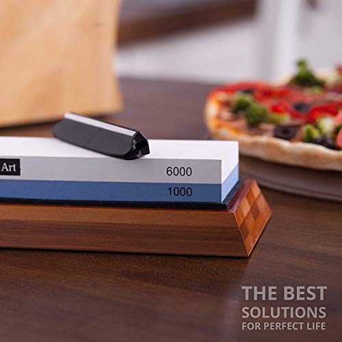 Grocery Art Whetstone Knife Sharpener - Knife Sharpening Stone - Waterstone 1000-6000 Grit with Non-Slip Bamboo Base and Angle Guide - Best Wet Stone Kitchen Knives Sharpening Kit