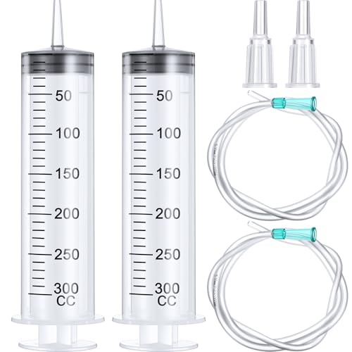 BBTO 2 Pieces Large Plastic Syringe with Tube 40 Inch Handy Plastic Tubing and Connections for Scientific Lab,Glue Dispensing,Watering,Refilling,Feeding and Measuring(300 ML)