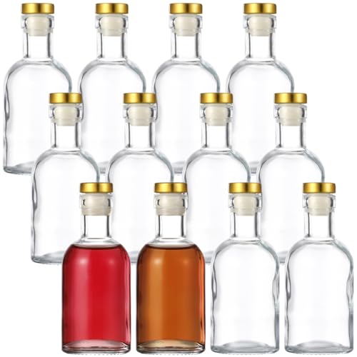 LUMINFLY 12 Clear Mini Glass Bottles with T-Top Stoppers & Shrink Caps, 3 Oz Beverage Storage Bottles for Wine, Liquor, Beer