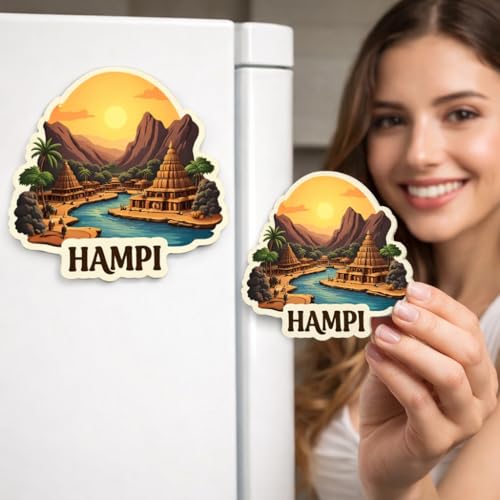 Image of Naxon Hampi City Theme Souvenir Wooden Fridge Magnet | Vijayanagara Ruins & Virupaksha Temple Design 3x3 Inch Refrigerator Magnet for Kitchen & Home Decor | Travel Gift from Hampi | Pack of 1