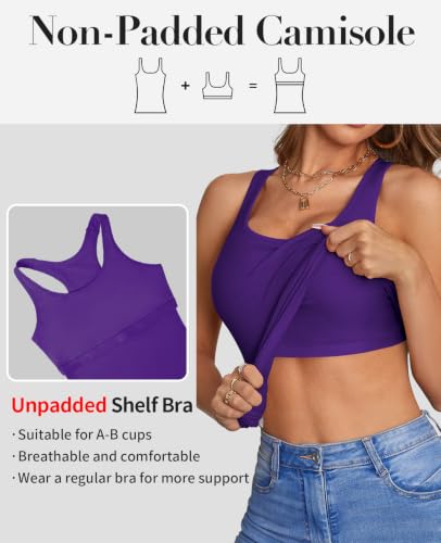 Image of V FOR CITY Womens Unpadded Shelf Bra Tank Tops Racerback Workout Camis Yoga Shirt Cotton Undershirt 2 Pack