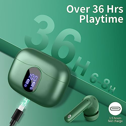 Wireless Earbuds Bluetooth 5.4 Headphones with 4 Mic Ear Buds with Deep Bass IP7 Waterproof in Ear Earphones LED Display 36H Playtime for Laptop Pad Phones Sports Workout Elegant Green - 5
