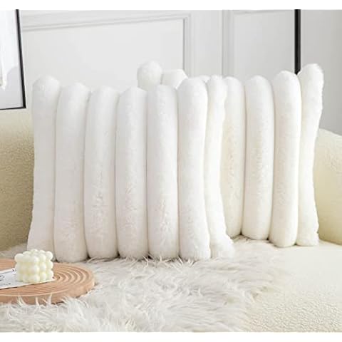 Neelvin Cream White Faux Fur Cozy Soft Striped Decorative Throw Pillow Covers 18x18 inch Set of 2,Velvet Pillowcase Cushion Case for Sofa Couch Cover
