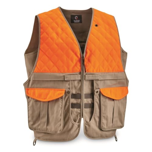Guide Gear Men's Upland Vest for Bird Hunting, Orange with Back Game Pouch Khaki/Blaze MEDIUM