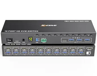 10 Port HDMI KVM Switch 4K@60Hz with USB 3.0, EDID Simulation, Remote Control, RS232, and Audio