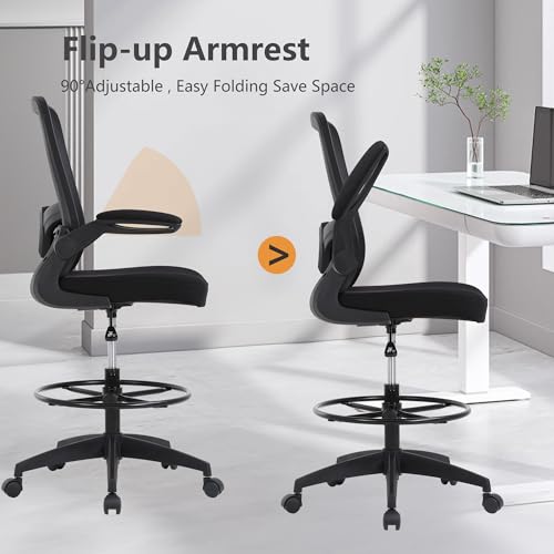 Image of BestOffice Drafting Chair Tall Office Chair Adjustable Height with Lumbar Support Flip Up Arms Footrest Mid Back Task Mesh Desk Chair Computer Chair Drafting Stool for Standing Desk (B-Black)