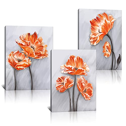 Image of Derkymo 3 Panels Elegant Poppy Wall Painting Orange Flower Canvas Wall Art Pictures of Poppy Flowers for Home Decoration Stretched and Framed Easy to Hang 12 inchx16 inchx3pcs
