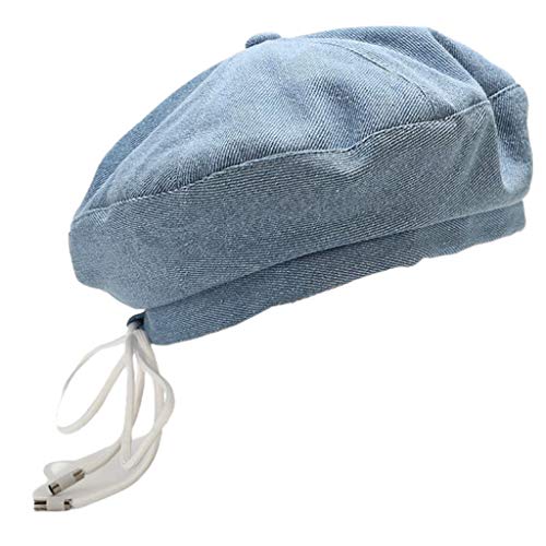 Horoshop Boina feminina de algodão jeans com laço e laço de fita, gorro quente para inverno