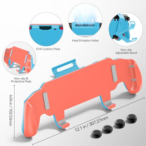 Image of OIVO Grip Compatible with Nintendo Switch 2, Switch 2 Ergonomic Grip Case with Adjustable Stand, Comfort Game Accessories with 5 Game Card Slots and 4 Thumb Caps, Orange Blue
