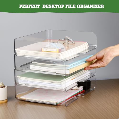 Greentainer 4-Stöckige Ablagekorb für A4, Dokumentenablage aus Plastik, Stapelbare Schreibtisch Organizer Briefkorb, Briefablage,A4-Papierablage für Zuhause,Büro,Schule(4pcs Transparent)