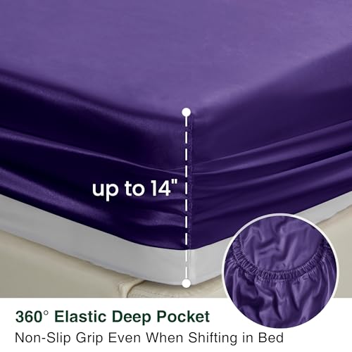 Love's cabin Satin Queen Sheets Set - 4 Piece Purple Silky Bed Sheets Set with Deep Pocket, Luxury Silk Feel Satin Queen Size Sheet Set (1 Flat Sheet,1 Fitted Sheet,2 Pillow Cases)