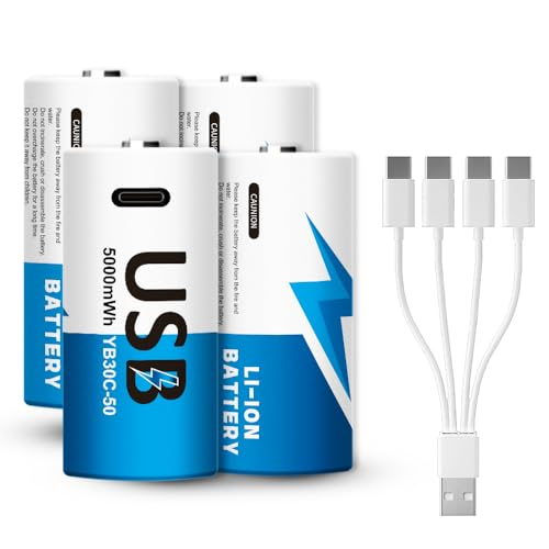 YUEBVIWIE Rechargeable C Batteries 4 Pack, 5000mWh 1.5V Lithium C Cell Batteries with USB-C 4-in-1 Charging Cable, 1500+ Cycles, LR14 Long-Lasting Batteries for Flashlights, Toys, Radios
