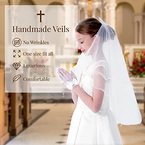 Girls First Communion Veil with Bow Holy White Rhinestone Lace Bow Communion Headband Vail Flower Girl Bow Wedding Kids Veils2