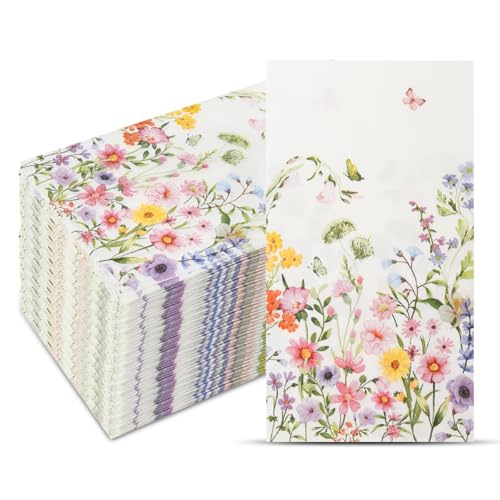 100Pcs Disposable Floral Paper Napkins Decorative Bathroom Napkins Guest Disposable Wild Flower Hand Towels Dinner Party Napkins for Wedding Birthday Party Baby Shower