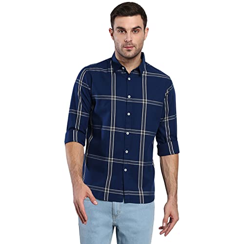 Image of Dennis Lingo Men's Plaid Blue Slim Fit Cotton Casual Shirt with Spread Collar & Full Sleeves