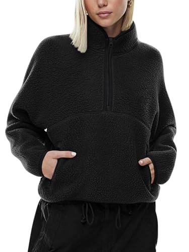 LASLULU Womens Half Zip Pullover Cropped Sweatshirts Sherpa Fleece Jacket Fuzzy Sweaters Cute Winter Jackets with Pockets