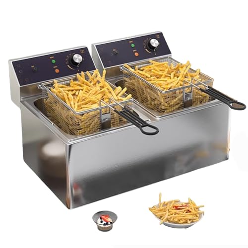 Friggitrice elettrica Professionale a Doppia Vasca, in Acciaio Inox, con termostato, Grande friggitrice Doppia, 3000 W x 2, Contenitore dell'olio Antiaderente e cestello rimovibil