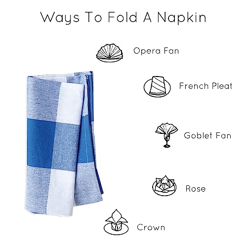 Image of Encasa XO Dining Table Napkins Set of 6, 43x43 cm | Machine Washable Reusable, Recycled Cotton Cloth Napkin, Soft & Absorbent, Table Decor for Hotels, Farmhouse - White & Buffalo Blue Checks