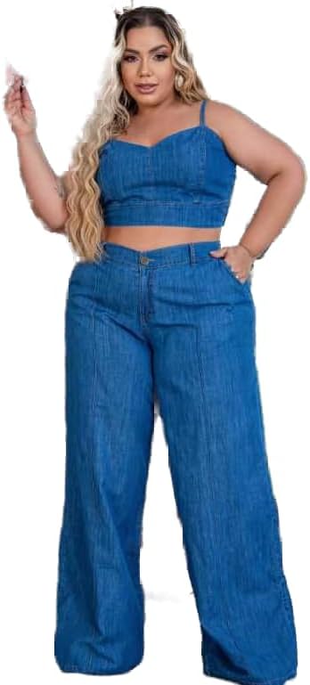 Genérico, Conjunto - Calça Pantalona e Cropped Jeans, Plus Size, ...
