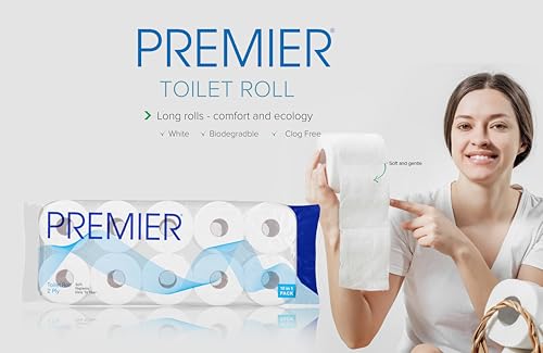 Image of Premier Toilet Tissue Paper Rolls (1600 Pulls) | 2-Ply Soft and Highly Absorbent | 160 Pulls x 10 Rolls | Biodegradable | Clog Free | Flushable | Easy to Tear | Family Pack (10in1) Toilet Paper Roll