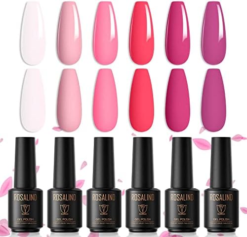 ROSALIND Hot Pink Gel Nail Polish Set, Light Pink Red Gel Polish 6 Colors Nude Pink Gel Nail Polish Soak off Long-Lasting Nail Art Summer Gel polish Gifts for Women Girls Design Need UV/LED Lamp
